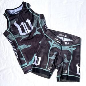 Wattie Ink Triathlon Top Shorts Set Womens XL Camo Skull Teal Black Tri Pockets